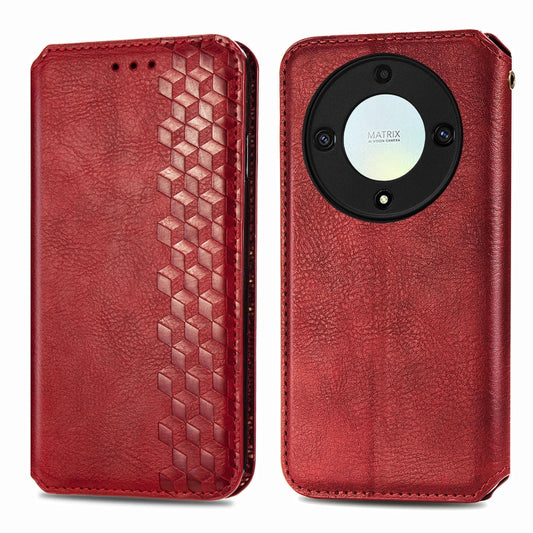 For Honor X9a Cubic Grid Pressed Magnetic Leather Phone Case(Red)