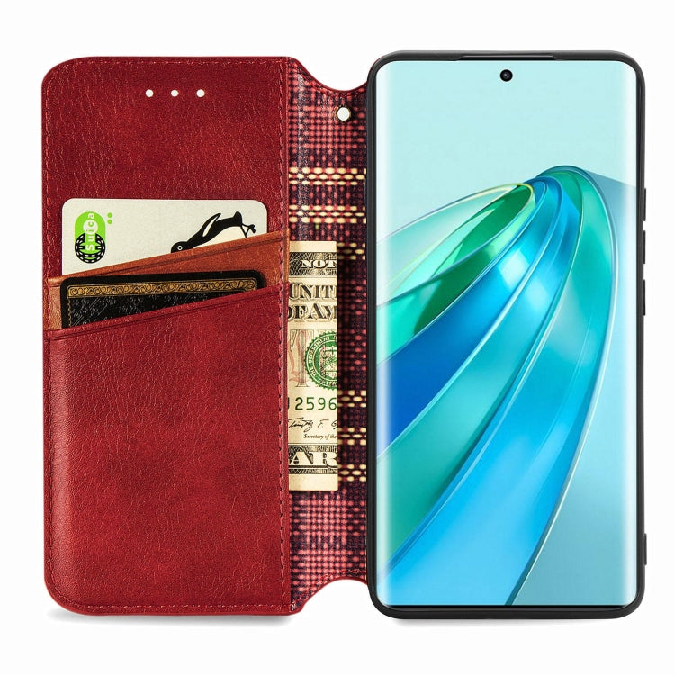 For Honor X9a Cubic Grid Pressed Magnetic Leather Phone Case(Red)