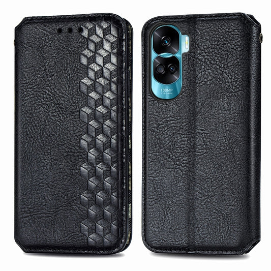 For Honor X50i Cubic Grid Pressed Magnetic Leather Phone Case(Black)