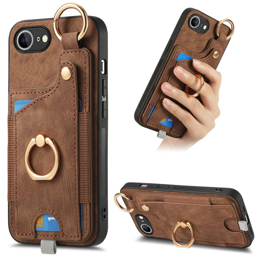 For iPhone 16e Retro Skin-feel Ring Card Bag Phone Case with Hang Loop(Brown)