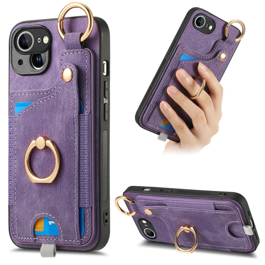 For iPhone 16e Retro Skin-feel Ring Card Bag Phone Case with Hang Loop(Purple)