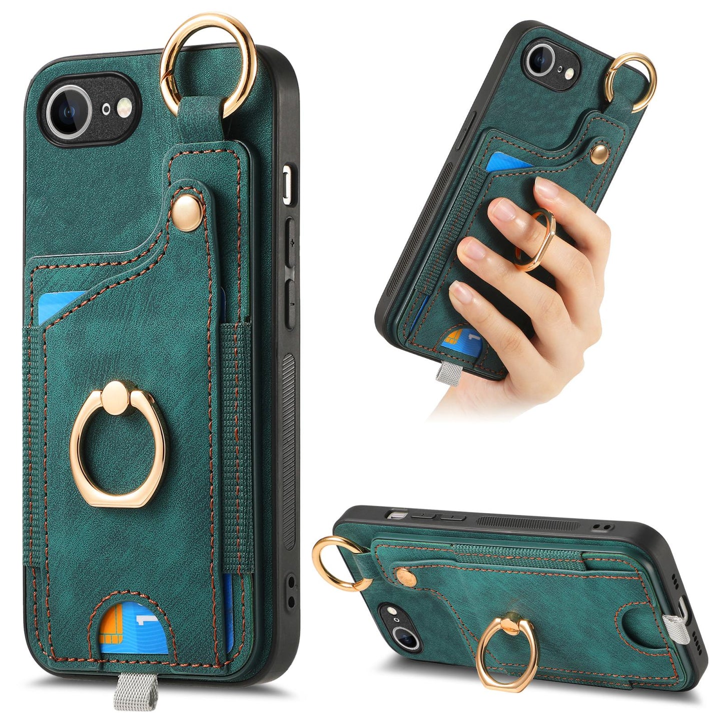 For iPhone 16e Retro Skin-feel Ring Card Bag Phone Case with Hang Loop(Green)