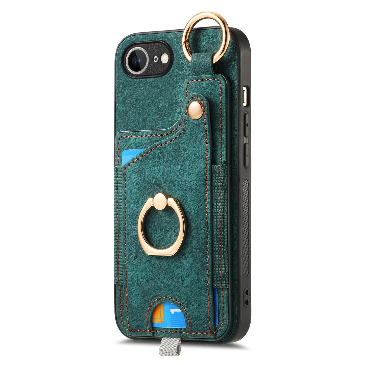 For iPhone 16e Retro Skin-feel Ring Card Bag Phone Case with Hang Loop(Green)