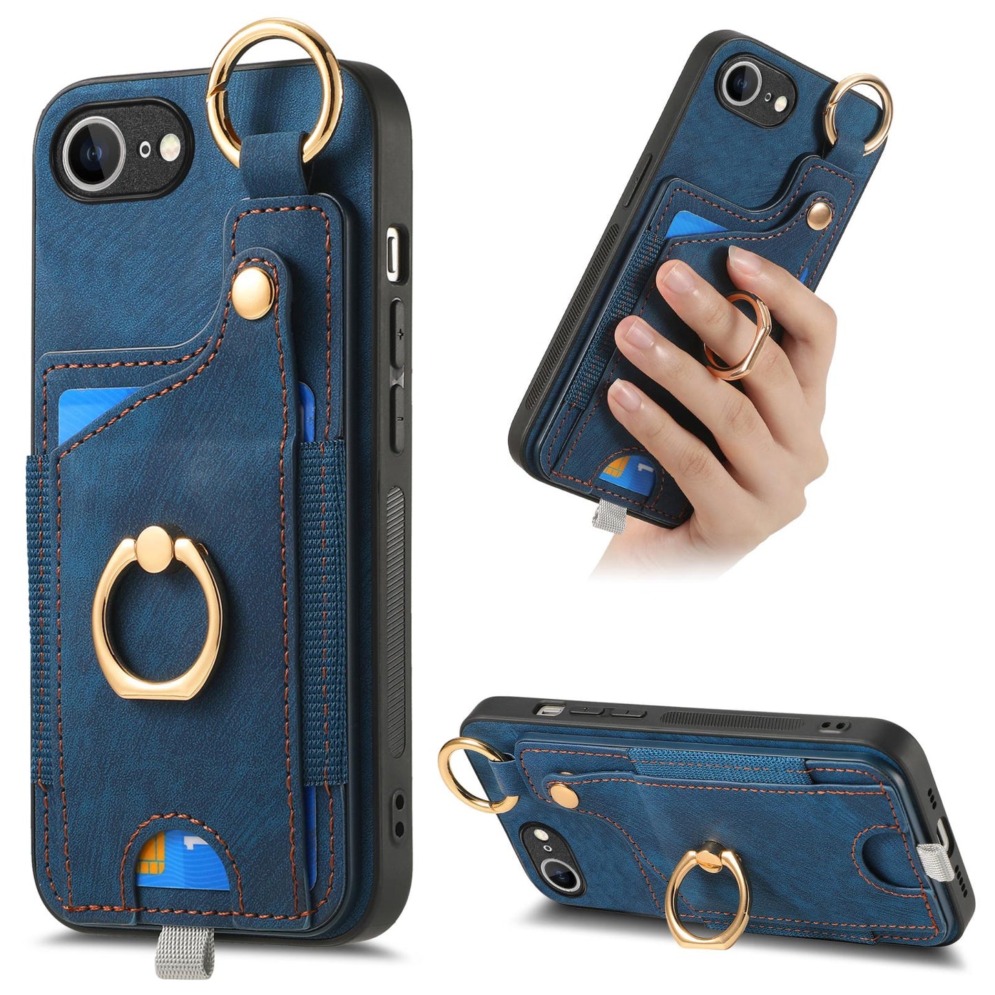 For iPhone 16e Retro Skin-feel Ring Card Bag Phone Case with Hang Loop(Blue)