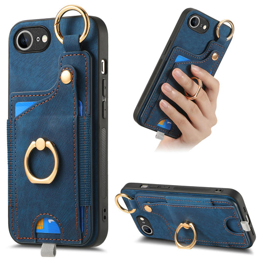 For iPhone 16e Retro Skin-feel Ring Card Bag Phone Case with Hang Loop(Blue)