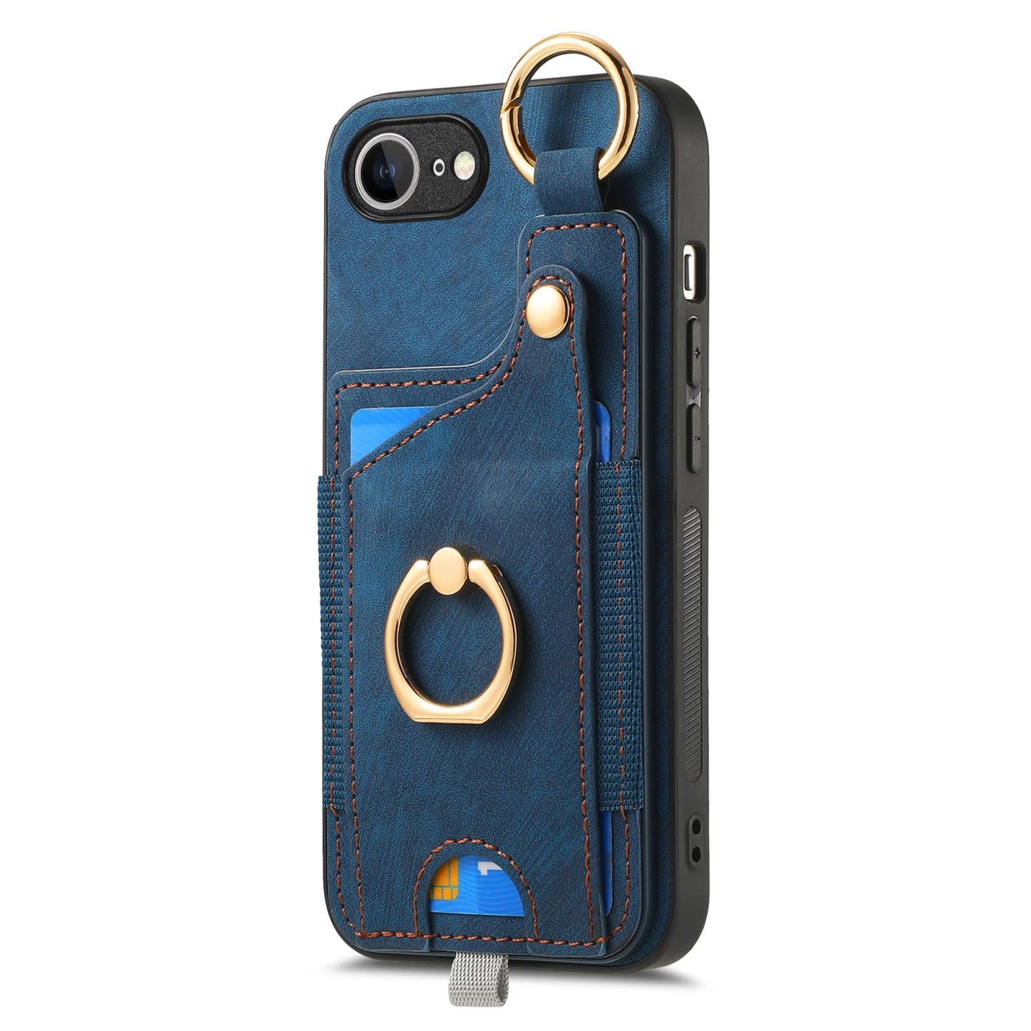 For iPhone 16e Retro Skin-feel Ring Card Bag Phone Case with Hang Loop(Blue)