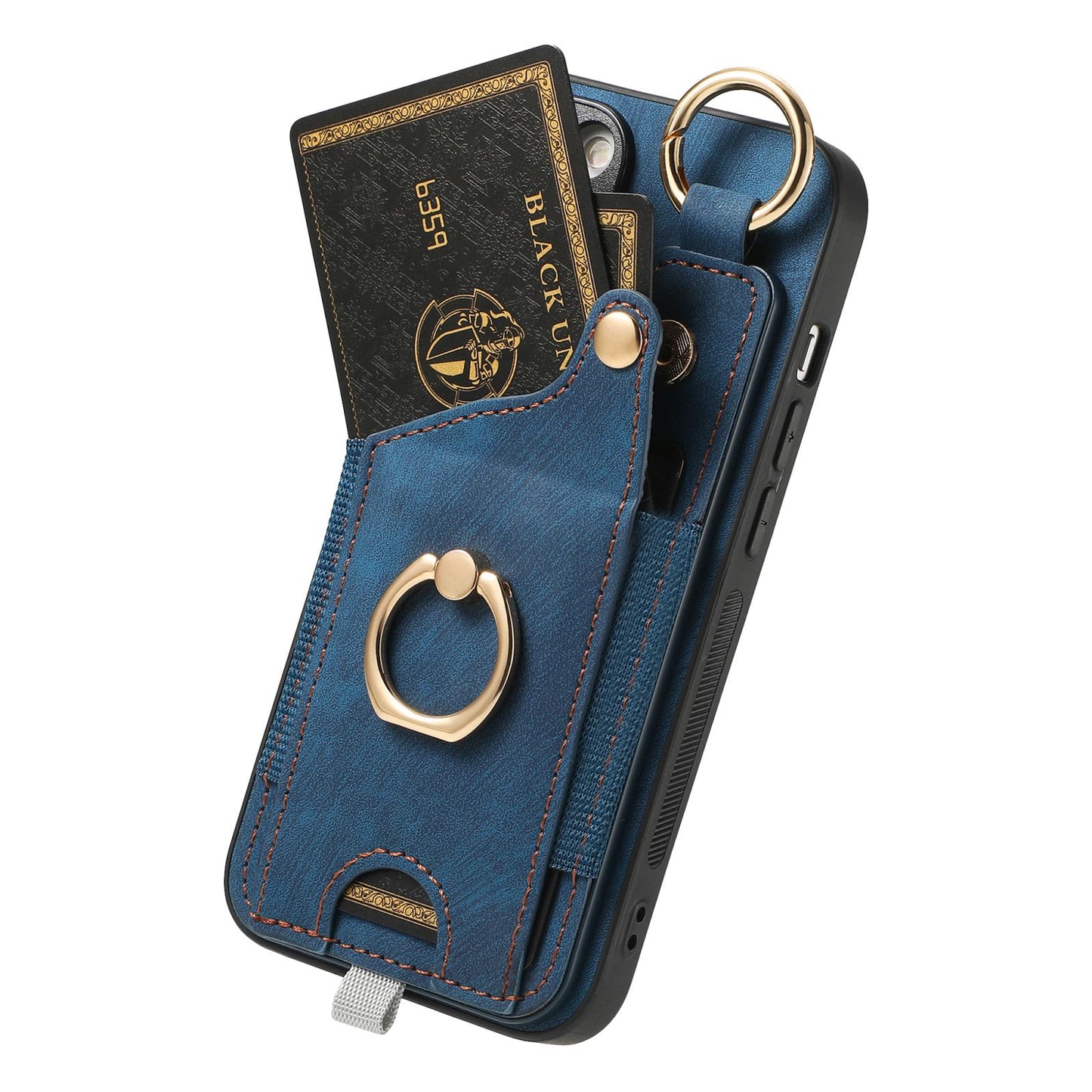 For iPhone 16e Retro Skin-feel Ring Card Bag Phone Case with Hang Loop(Blue)