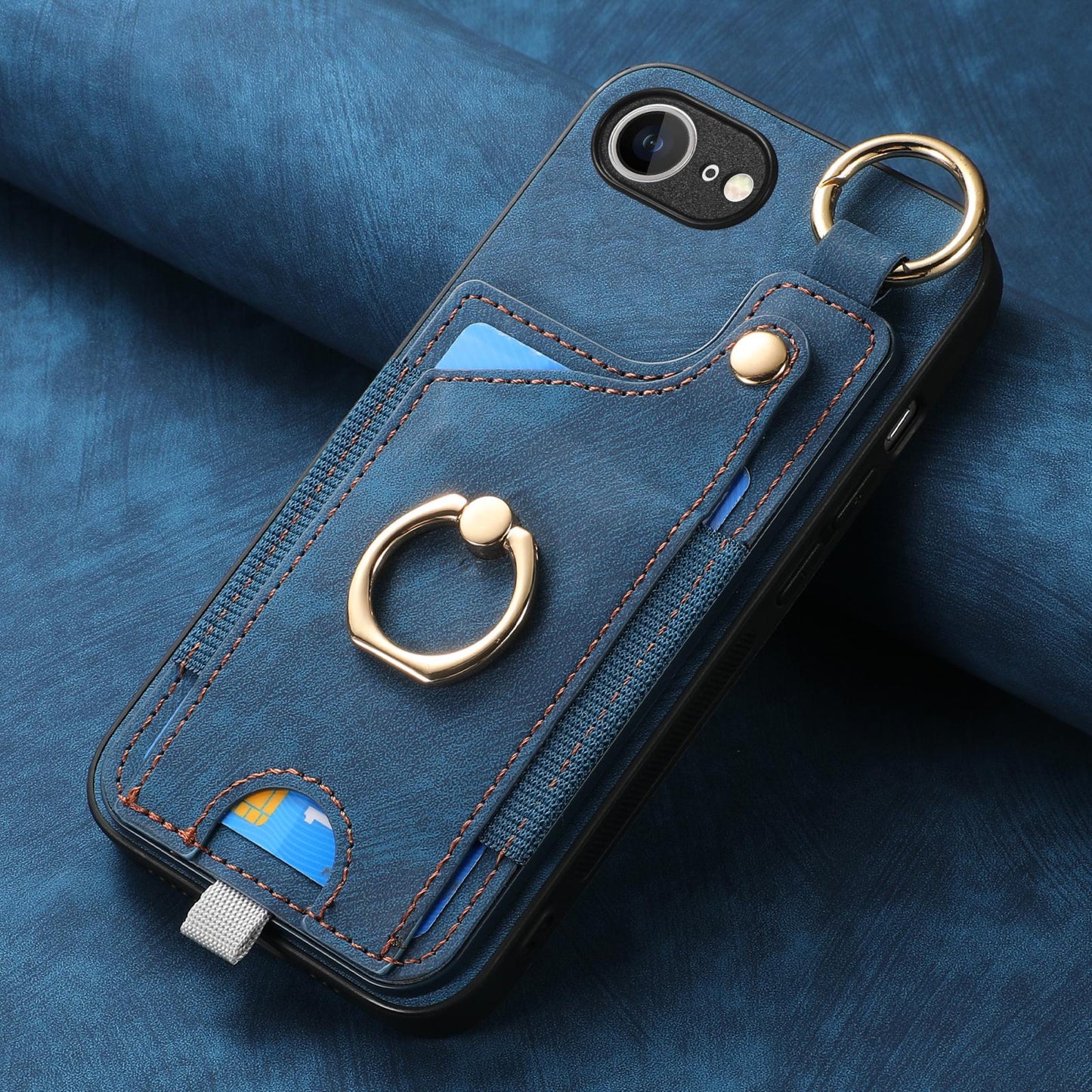 For iPhone 16e Retro Skin-feel Ring Card Bag Phone Case with Hang Loop(Blue)