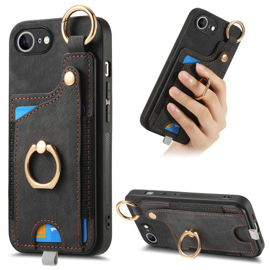 For iPhone 16e Retro Skin-feel Ring Card Bag Phone Case with Hang Loop(Black)