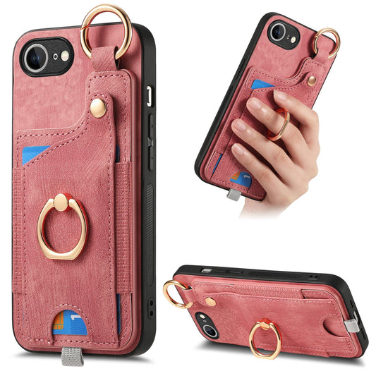 For iPhone 16e Retro Skin-feel Ring Card Bag Phone Case with Hang Loop(Pink)