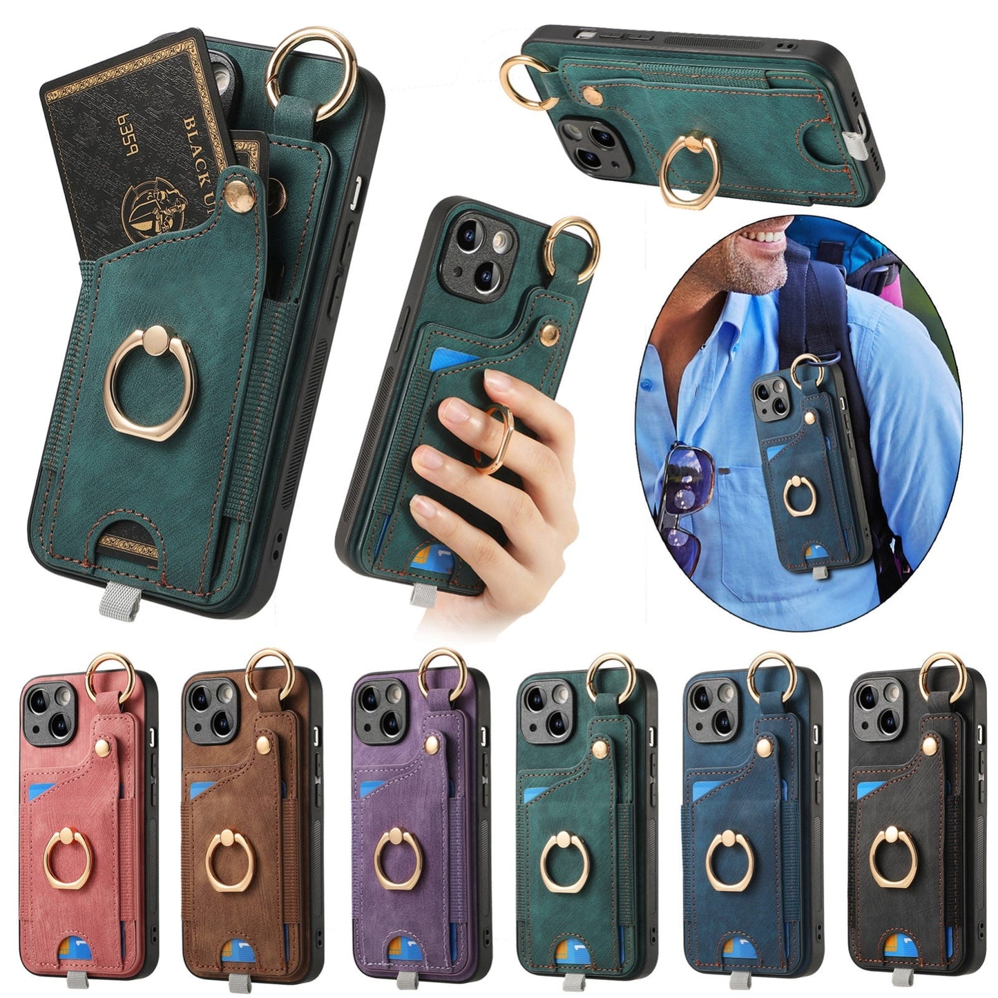 For iPhone 16e Retro Skin-feel Ring Card Bag Phone Case with Hang Loop(Blue)