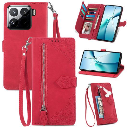For Xiaomi 15 Embossed Flower Zipper Leather Phone Case(Red)