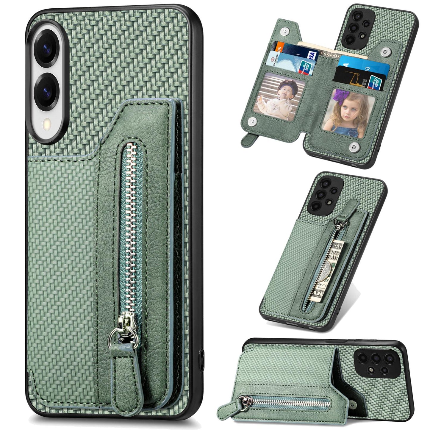 For Samsung Galaxy S25 Edge 5G Carbon Fiber Horizontal Flip Zipper Wallet Phone Case(Green)