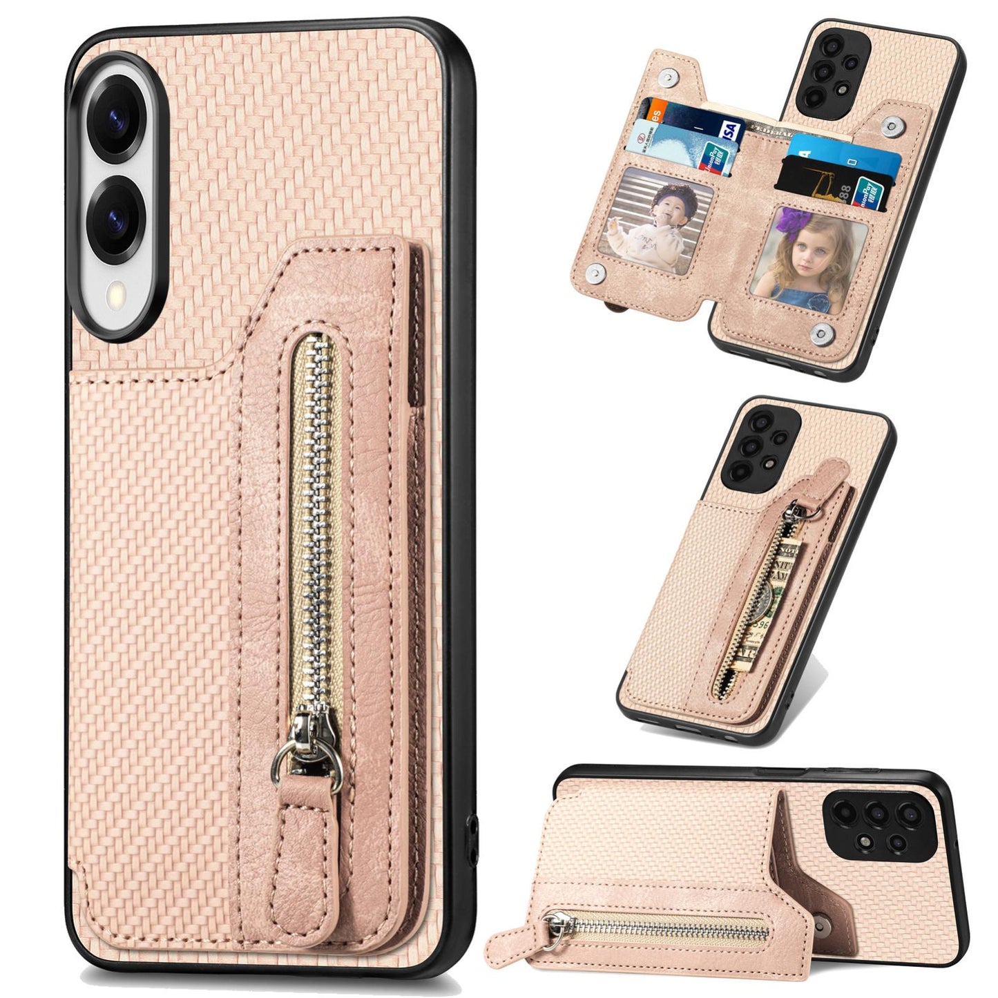 For Samsung Galaxy S25 Edge 5G Carbon Fiber Horizontal Flip Zipper Wallet Phone Case(Khaki)
