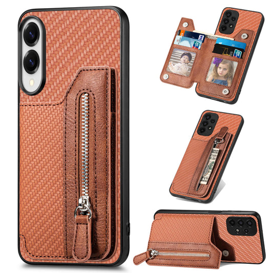 For Samsung Galaxy S25 Edge 5G Carbon Fiber Horizontal Flip Zipper Wallet Phone Case(Brown)