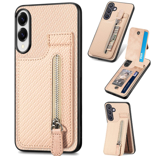For Samsung Galaxy S25 Edge 5G Carbon Fiber Vertical Flip Zipper Phone Case(Khaki)