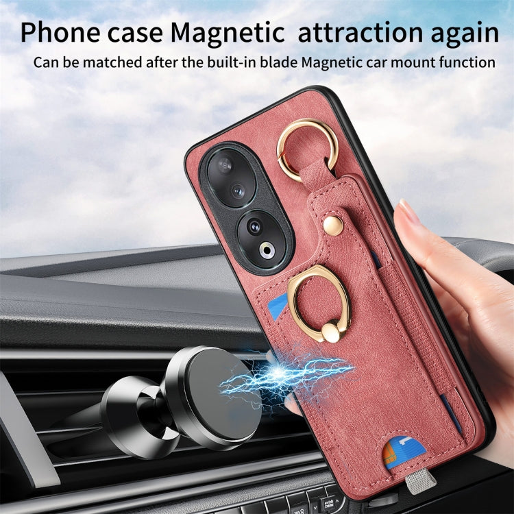 For Honor 90 Retro Skin-feel Ring Card Bag Phone Case with Hang Loop(Pink)