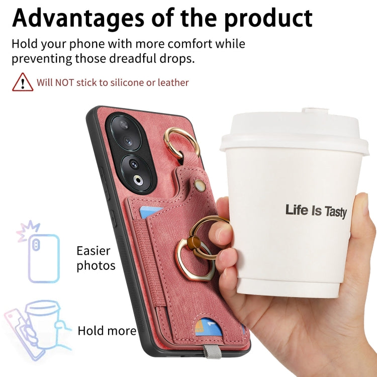 For Honor 90 Retro Skin-feel Ring Card Bag Phone Case with Hang Loop(Pink)