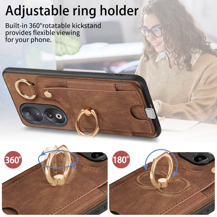 For Honor 90 Retro Skin-feel Ring Card Bag Phone Case with Hang Loop(Brown)