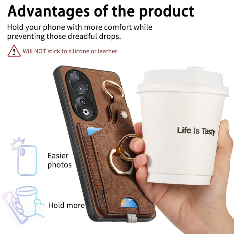 For Honor 90 Retro Skin-feel Ring Card Bag Phone Case with Hang Loop(Brown)