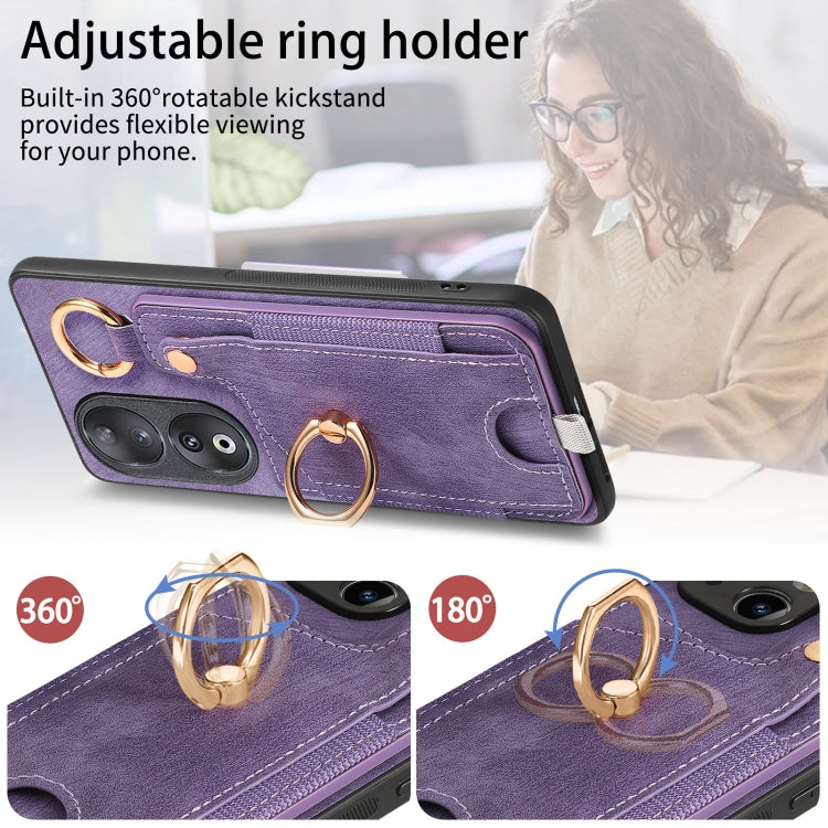 For Honor 90 Retro Skin-feel Ring Card Bag Phone Case with Hang Loop(Purple)