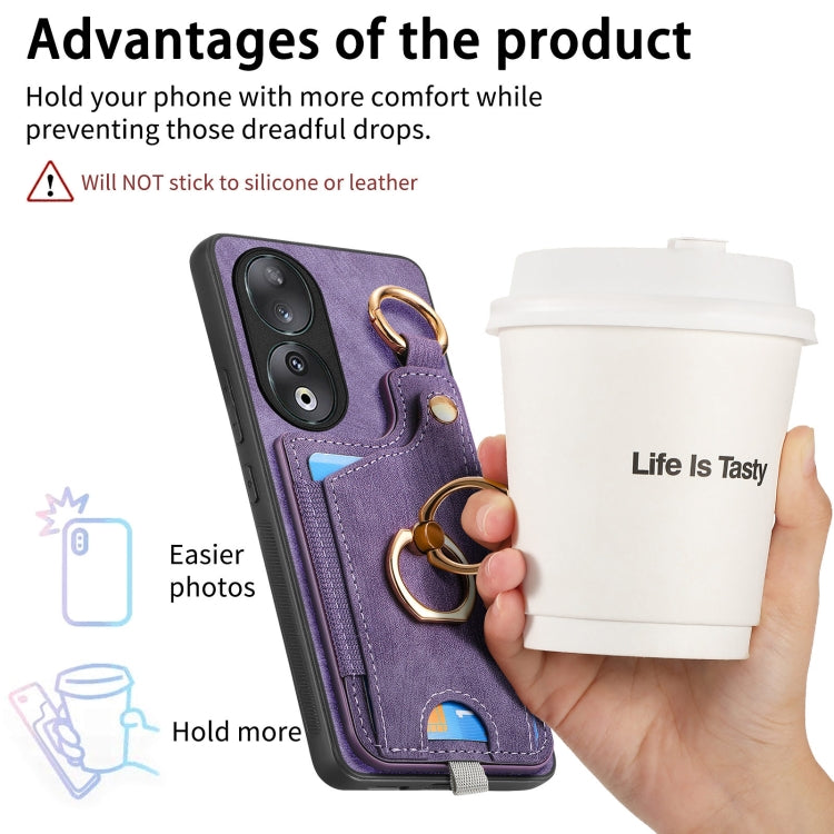 For Honor 90 Retro Skin-feel Ring Card Bag Phone Case with Hang Loop(Purple)