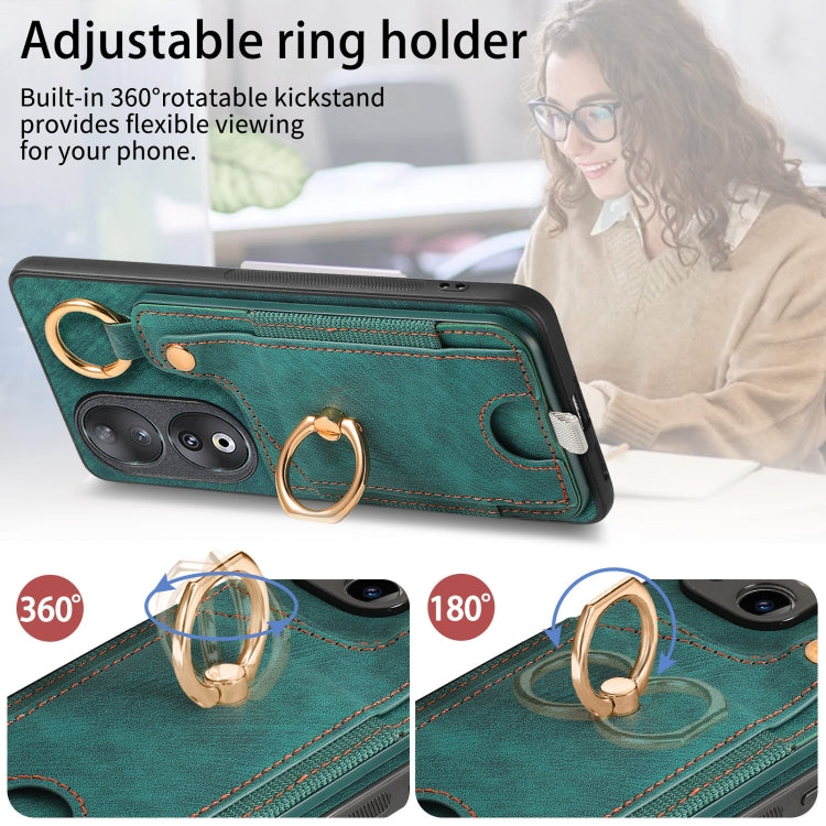 For Honor 90 Retro Skin-feel Ring Card Bag Phone Case with Hang Loop(Green)