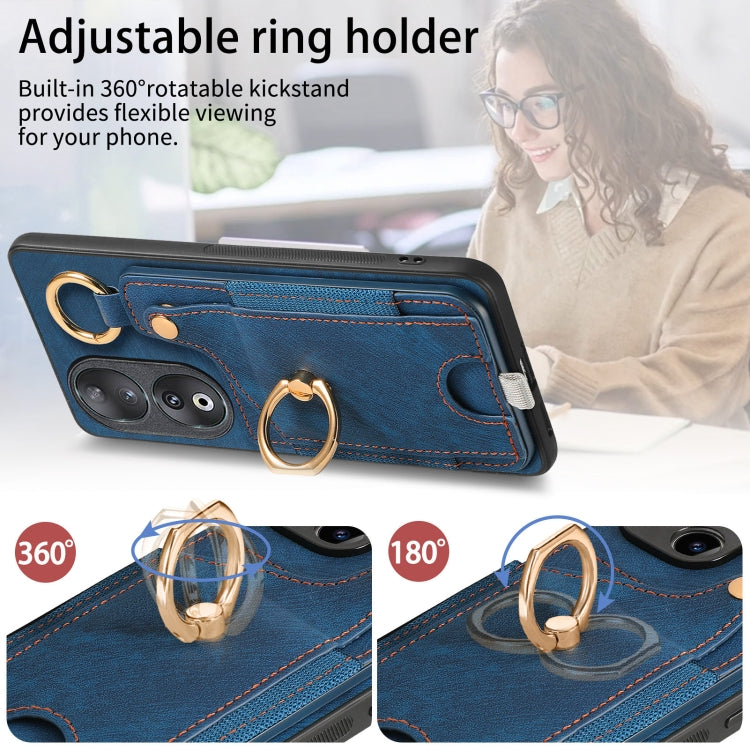 For Honor 90 Retro Skin-feel Ring Card Bag Phone Case with Hang Loop(Blue)