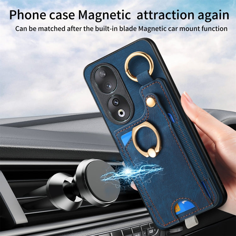 For Honor 90 Retro Skin-feel Ring Card Bag Phone Case with Hang Loop(Blue)