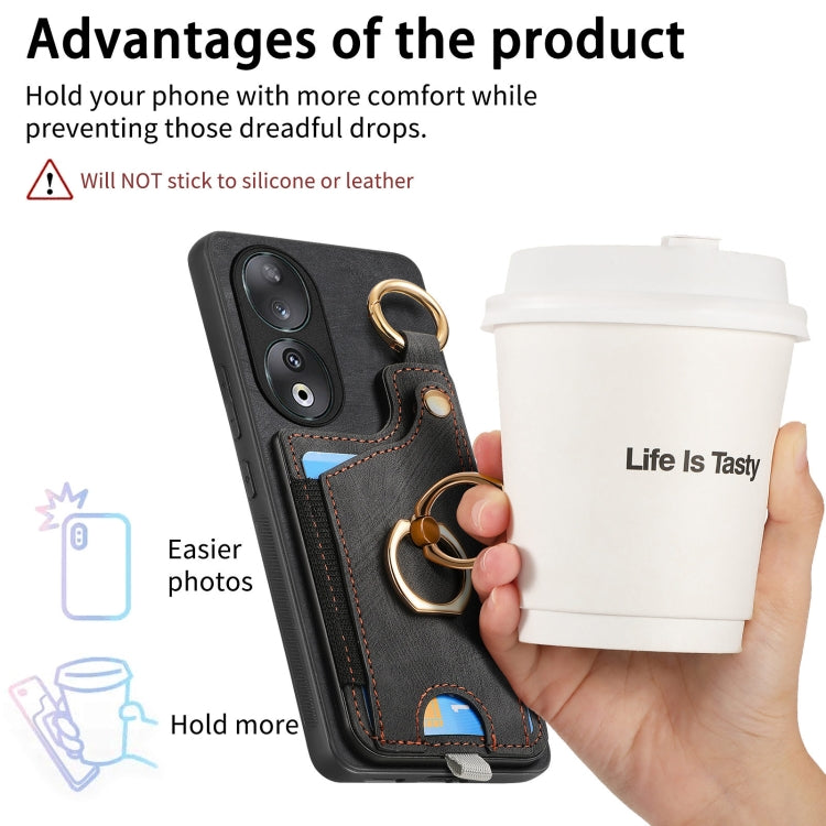 For Honor 90 Retro Skin-feel Ring Card Bag Phone Case with Hang Loop(Black)