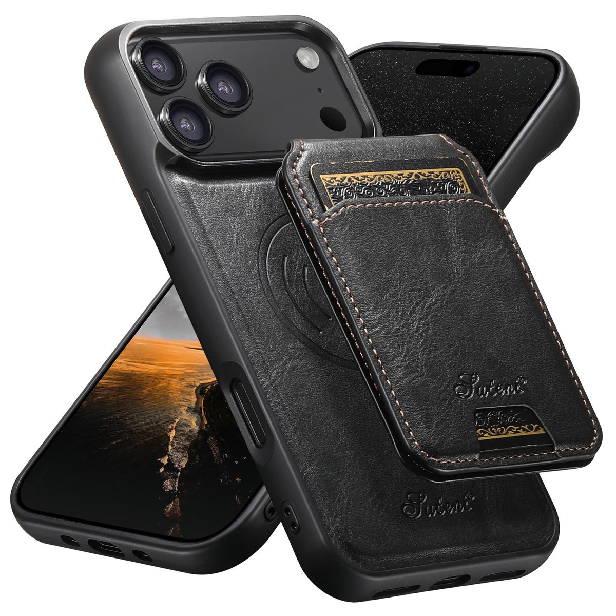Compatible with iPhone 18 Pro Max Suteni H15 MagSafe Oil Eax Leather Detachable Wallet Back Phone Case - Black