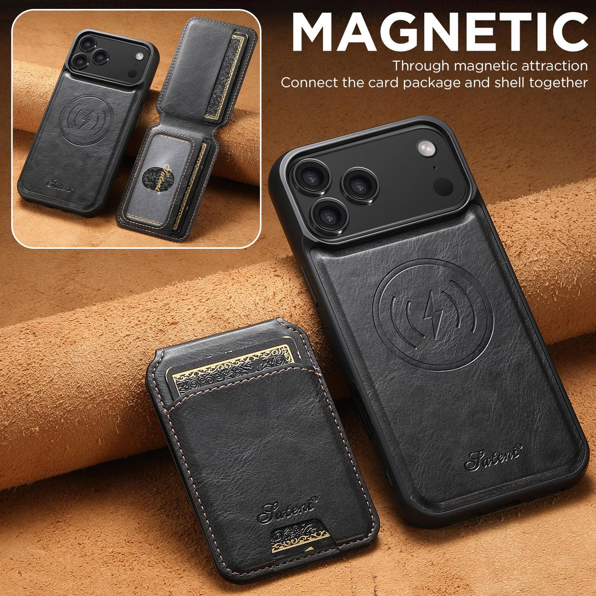Compatible with iPhone 18 Pro Max Suteni H15 MagSafe Oil Eax Leather Detachable Wallet Back Phone Case - Black