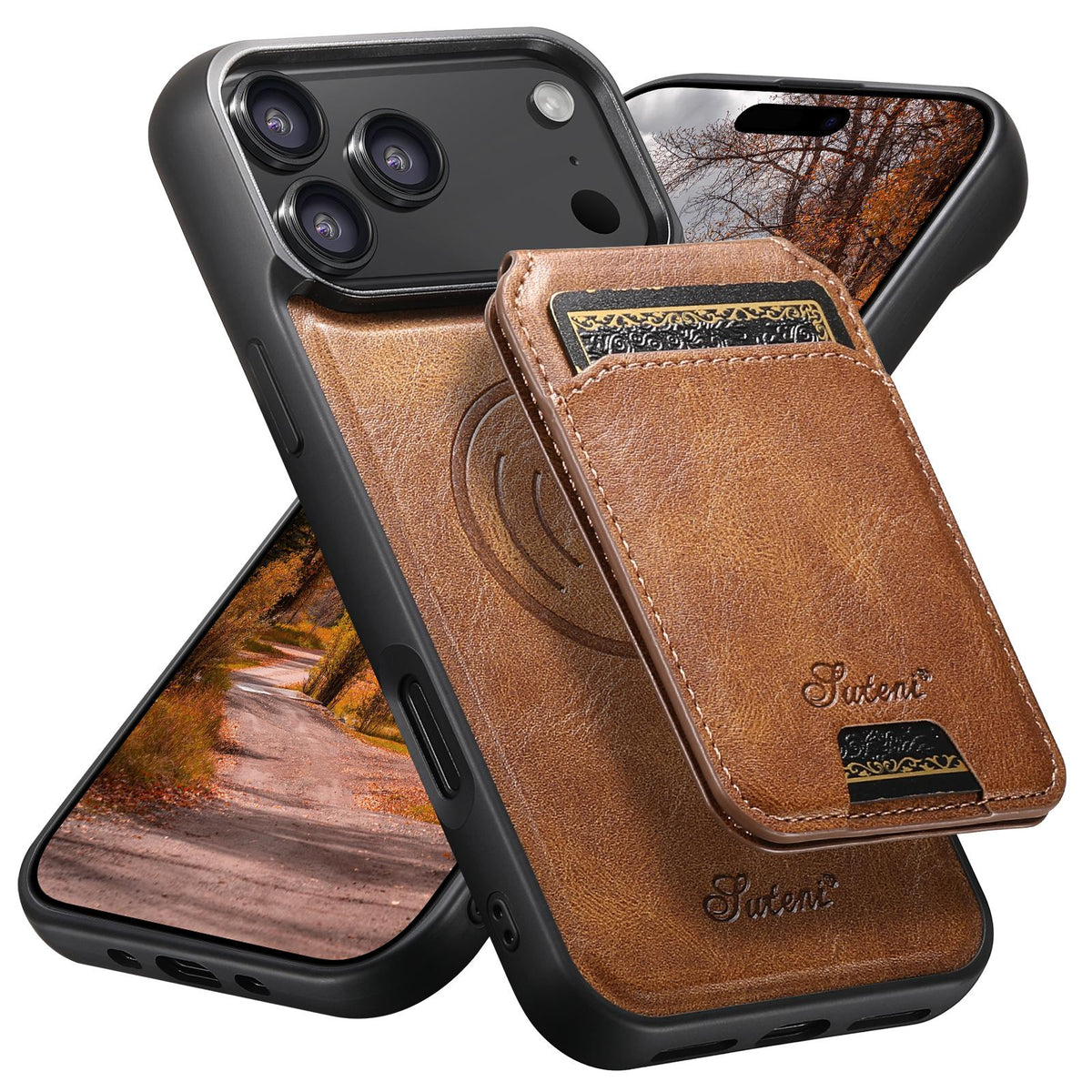 Compatible with iPhone 18 Pro Max Suteni H15 MagSafe Oil Eax Leather Detachable Wallet Back Phone Case - Brown