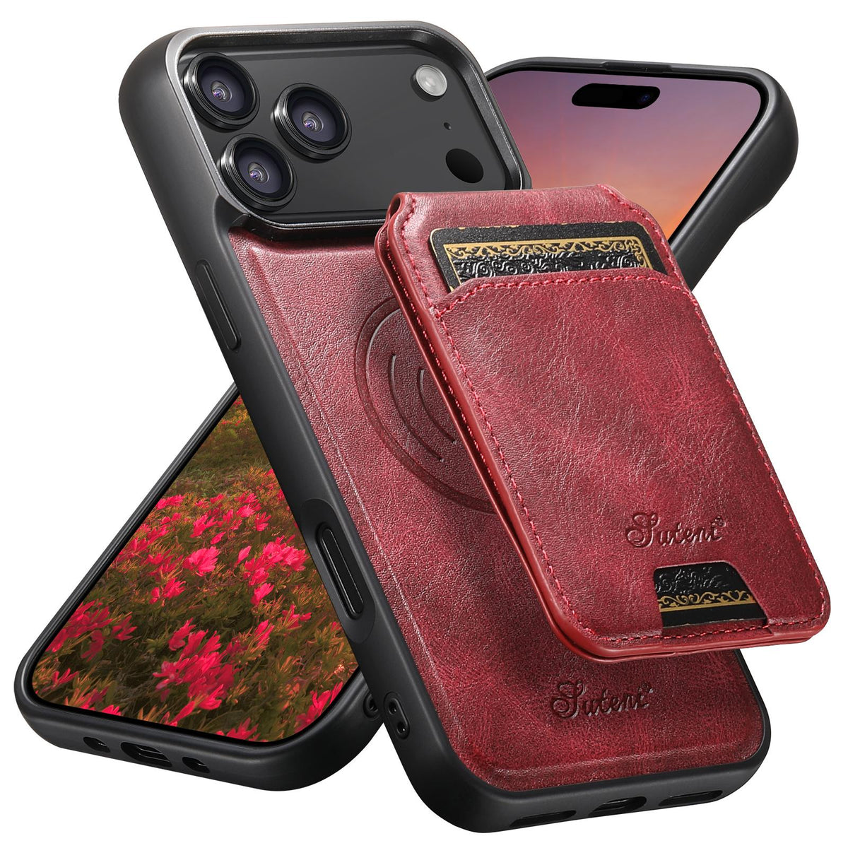 Compatible with iPhone 18 Pro Max Suteni H15 MagSafe Oil Eax Leather Detachable Wallet Back Phone Case - Red
