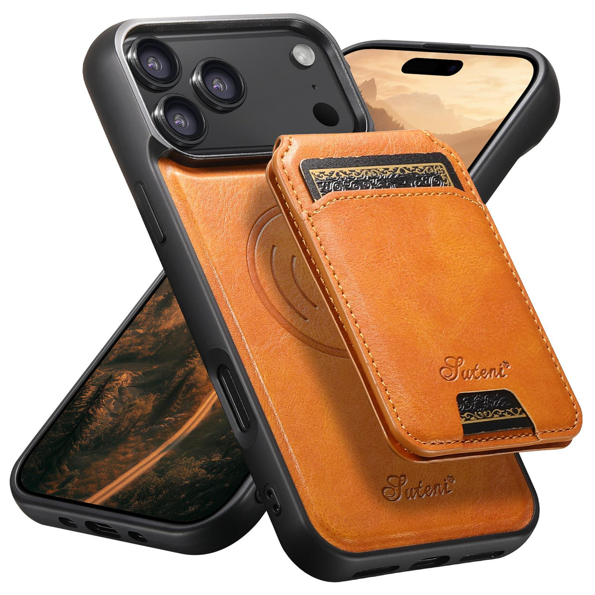 Compatible with iPhone 18 Pro Max Suteni H15 MagSafe Oil Eax Leather Detachable Wallet Back Phone Case - Khaki