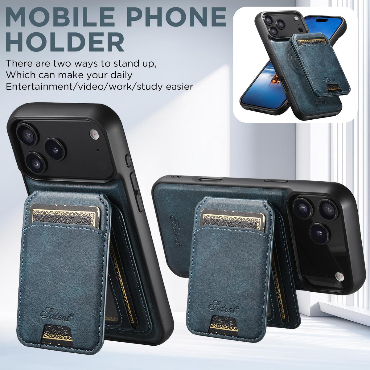 Compatible with iPhone 18 Pro Max Suteni H15 MagSafe Oil Eax Leather Detachable Wallet Back Phone Case - Blue