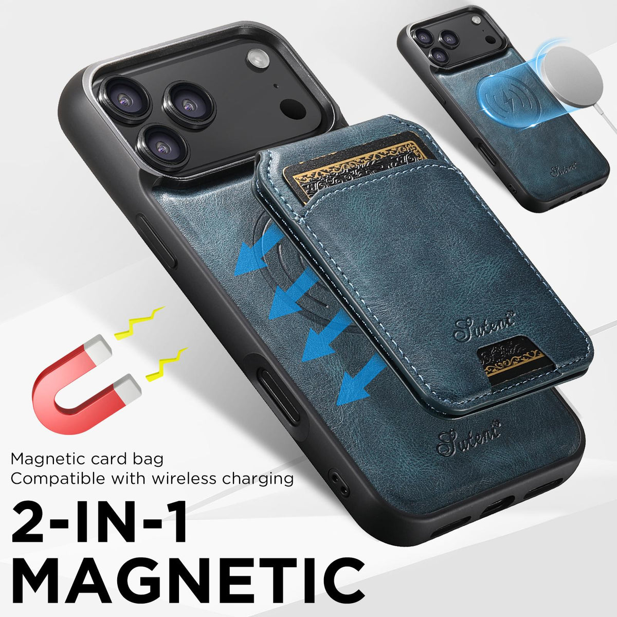 Compatible with iPhone 18 Pro Max Suteni H15 MagSafe Oil Eax Leather Detachable Wallet Back Phone Case - Blue