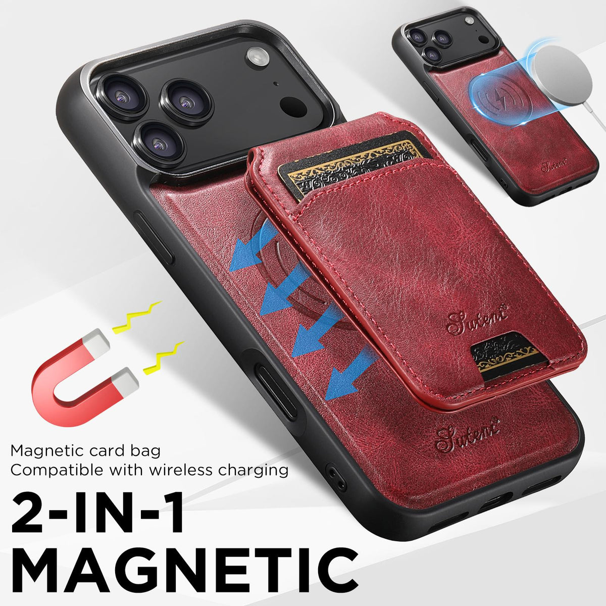 Compatible with iPhone 18 Pro Suteni H15 MagSafe Oil Eax Leather Detachable Wallet Back Phone Case - Red