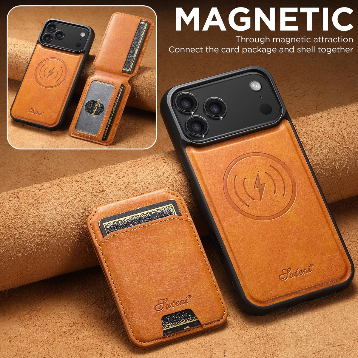 Compatible with iPhone 18 Pro Suteni H15 MagSafe Oil Eax Leather Detachable Wallet Back Phone Case - Khaki