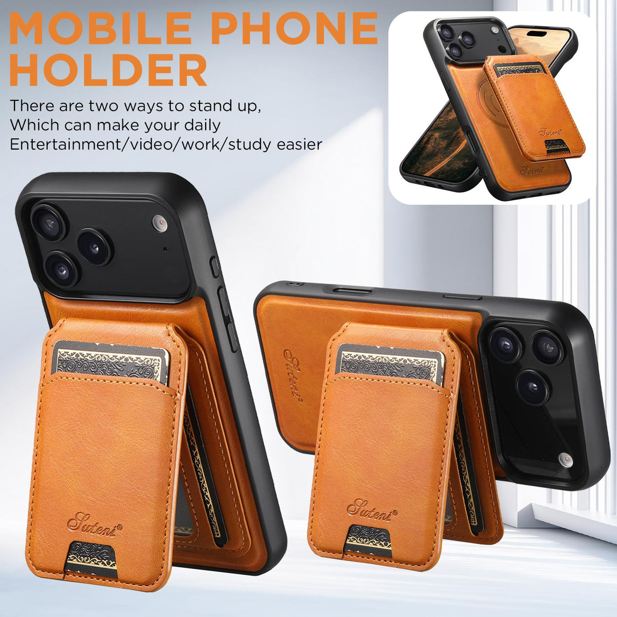 Compatible with iPhone 18 Pro Suteni H15 MagSafe Oil Eax Leather Detachable Wallet Back Phone Case - Khaki
