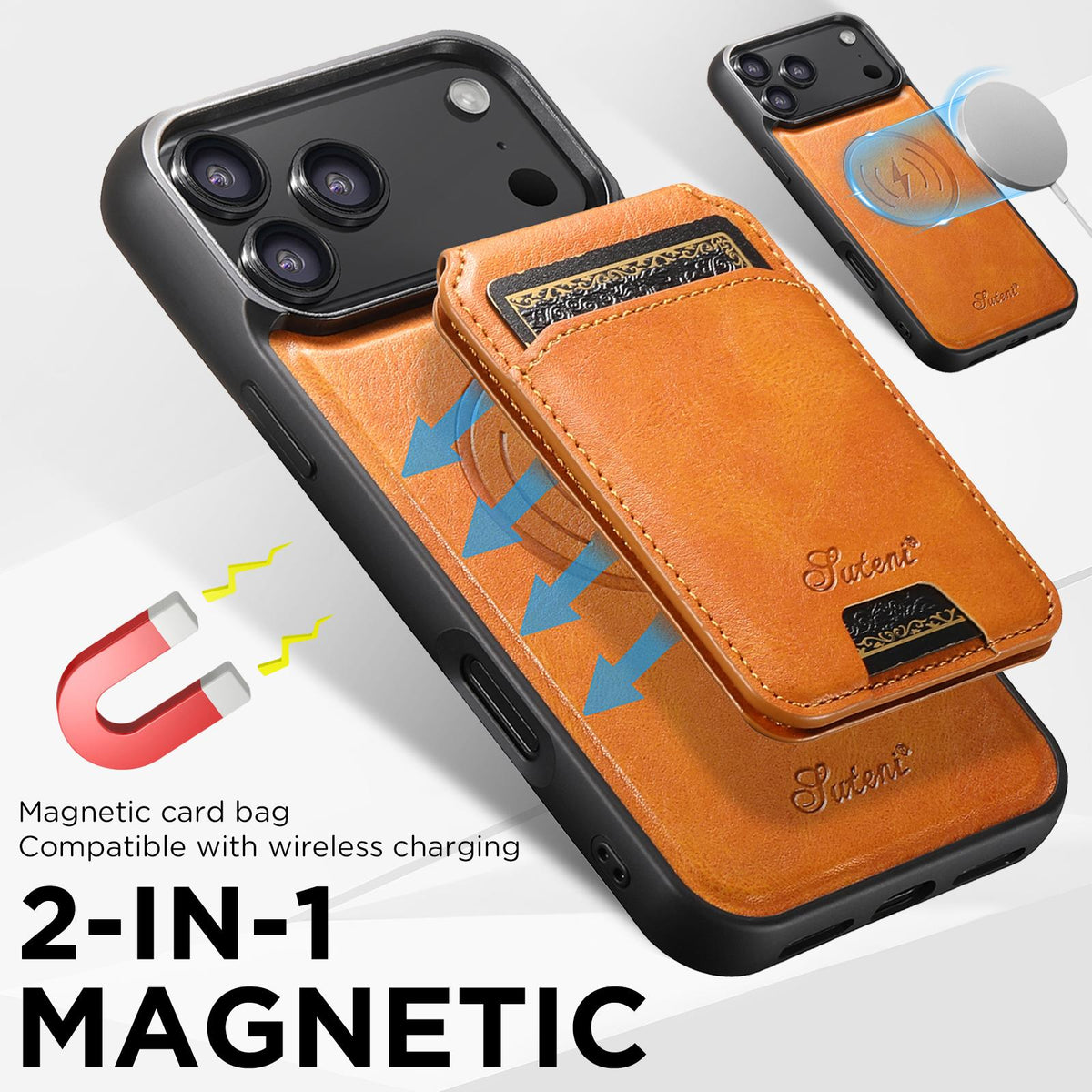 Compatible with iPhone 18 Pro Suteni H15 MagSafe Oil Eax Leather Detachable Wallet Back Phone Case - Khaki