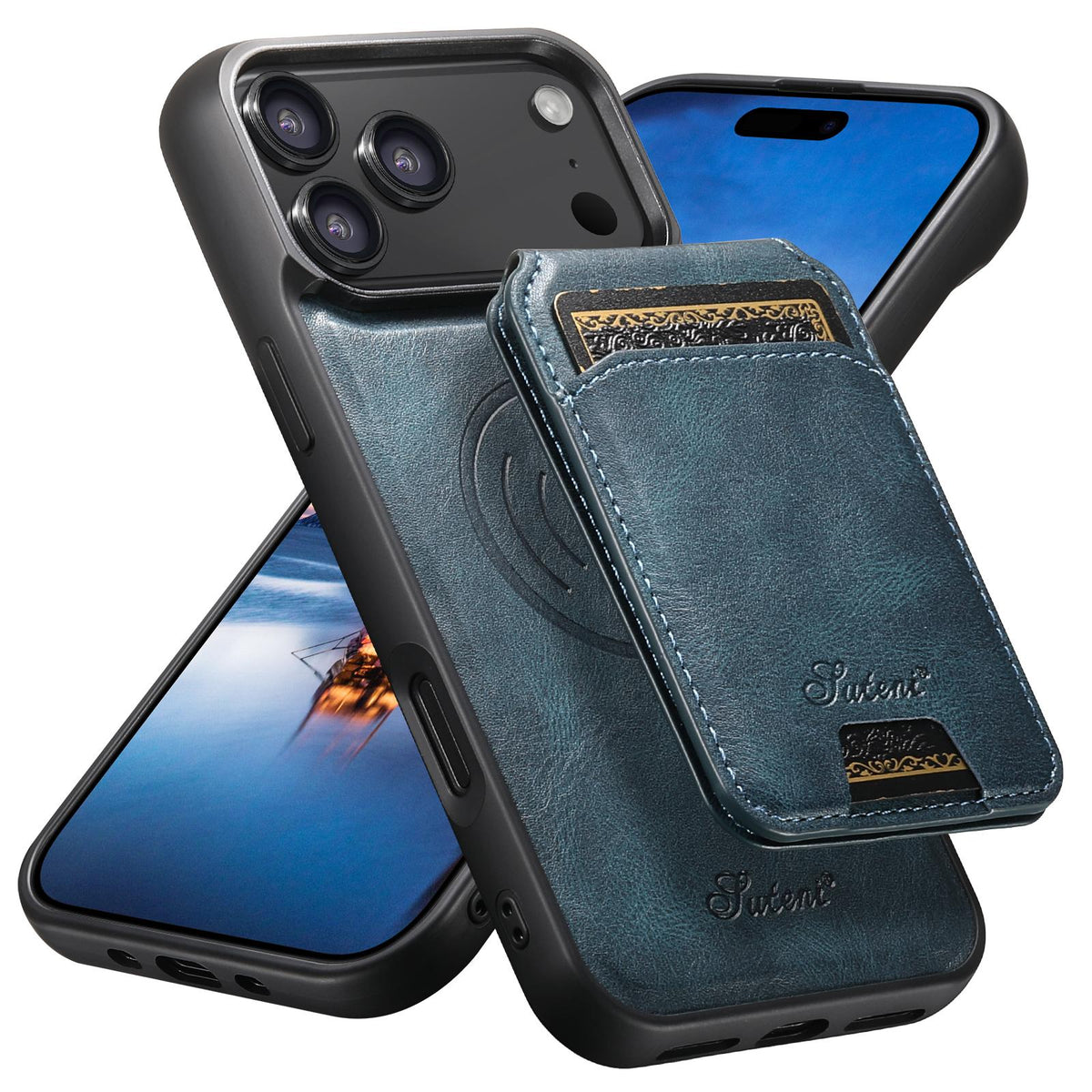 Compatible with iPhone 18 Pro Suteni H15 MagSafe Oil Eax Leather Detachable Wallet Back Phone Case - Blue
