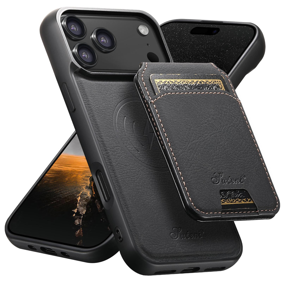 Compatible with iPhone 18 Pro Max Suteni H16 Litchi Texture Leather Detachable Wallet Back Phone Case - Black