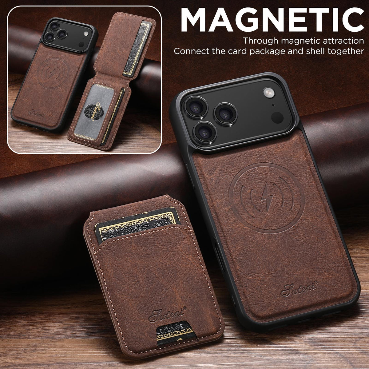 Compatible with iPhone 18 Pro Max Suteni H16 Litchi Texture Leather Detachable Wallet Back Phone Case - Brown