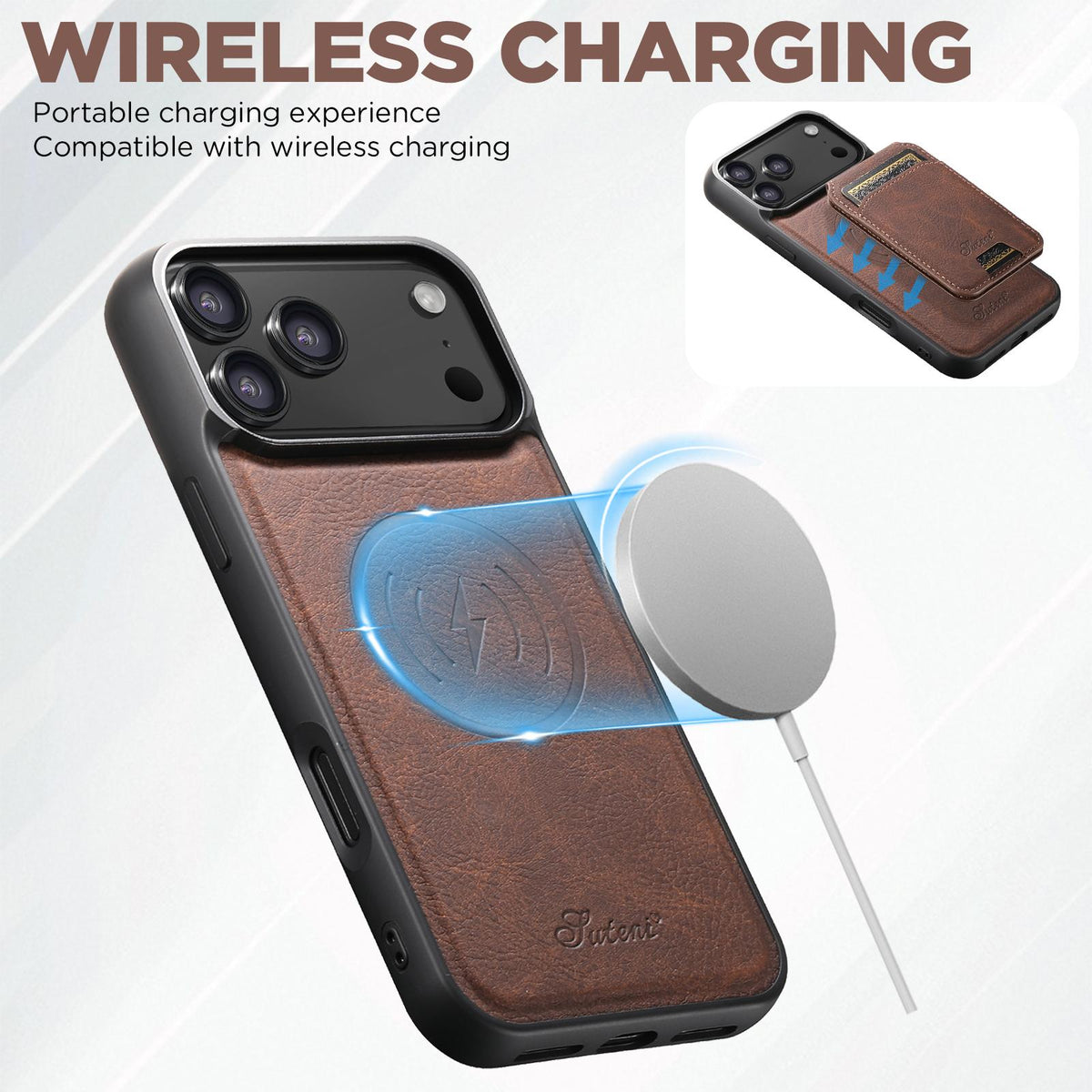 Compatible with iPhone 18 Pro Max Suteni H16 Litchi Texture Leather Detachable Wallet Back Phone Case - Brown