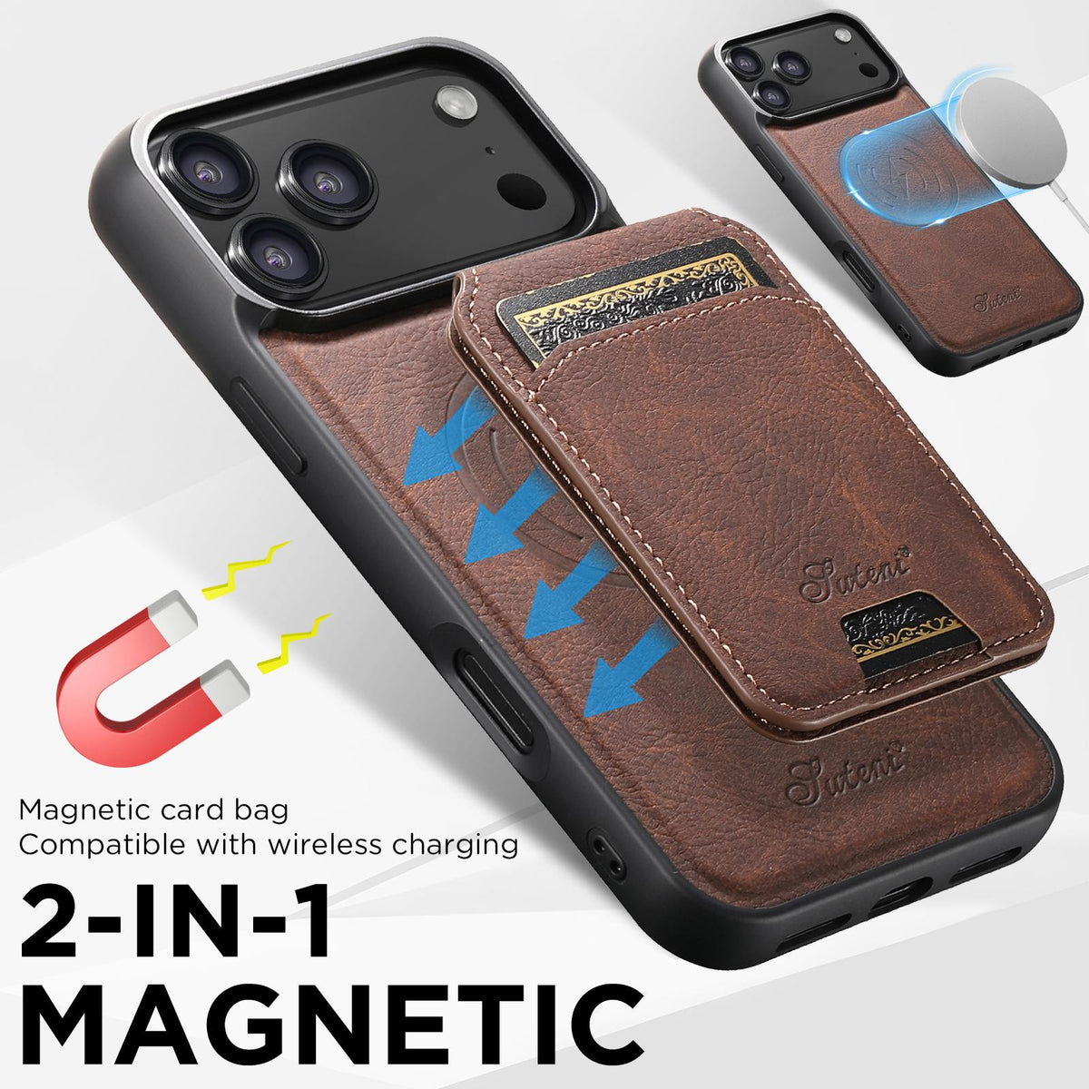 Compatible with iPhone 18 Pro Max Suteni H16 Litchi Texture Leather Detachable Wallet Back Phone Case - Brown