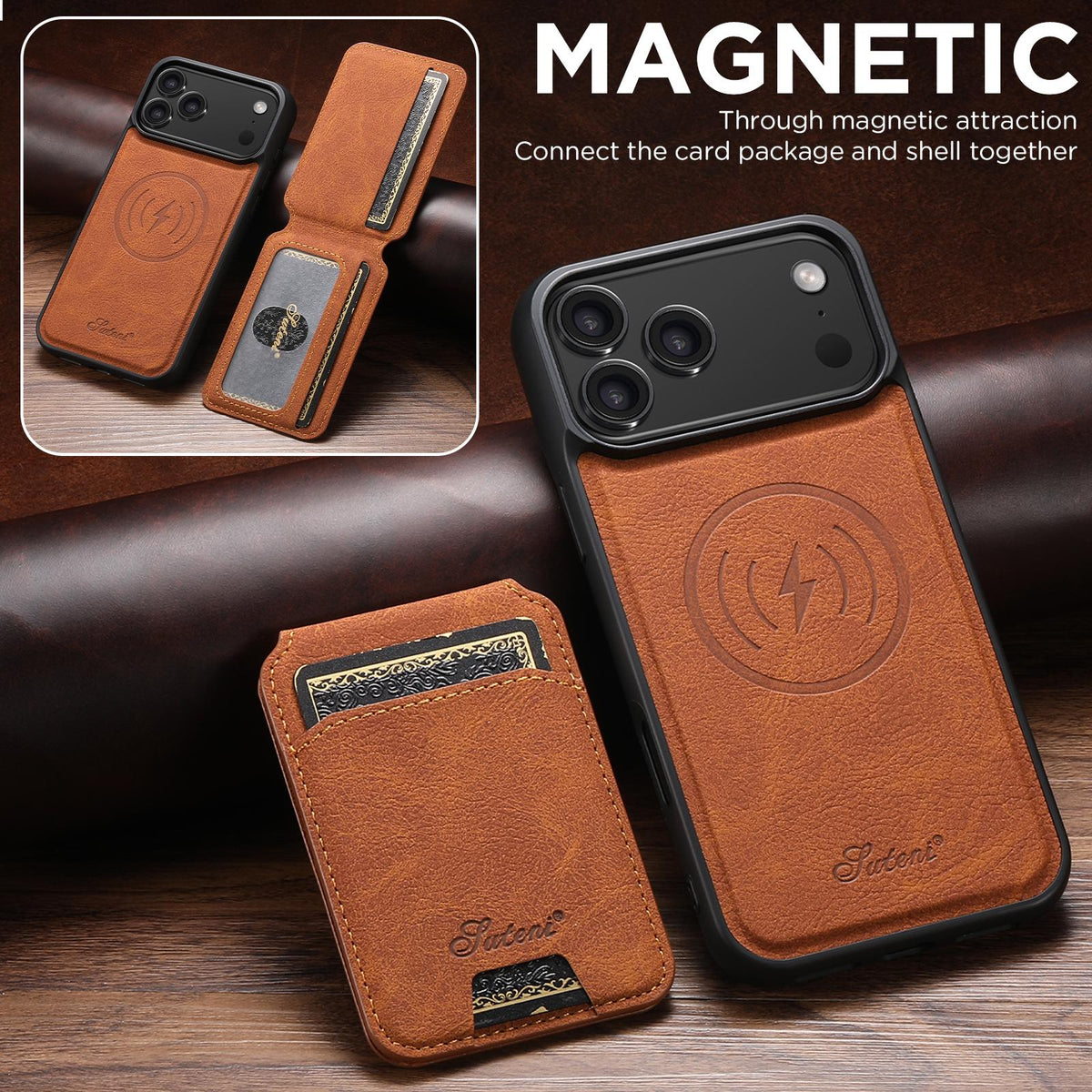 Compatible with iPhone 18 Pro Max Suteni H16 Litchi Texture Leather Detachable Wallet Back Phone Case - Khaki