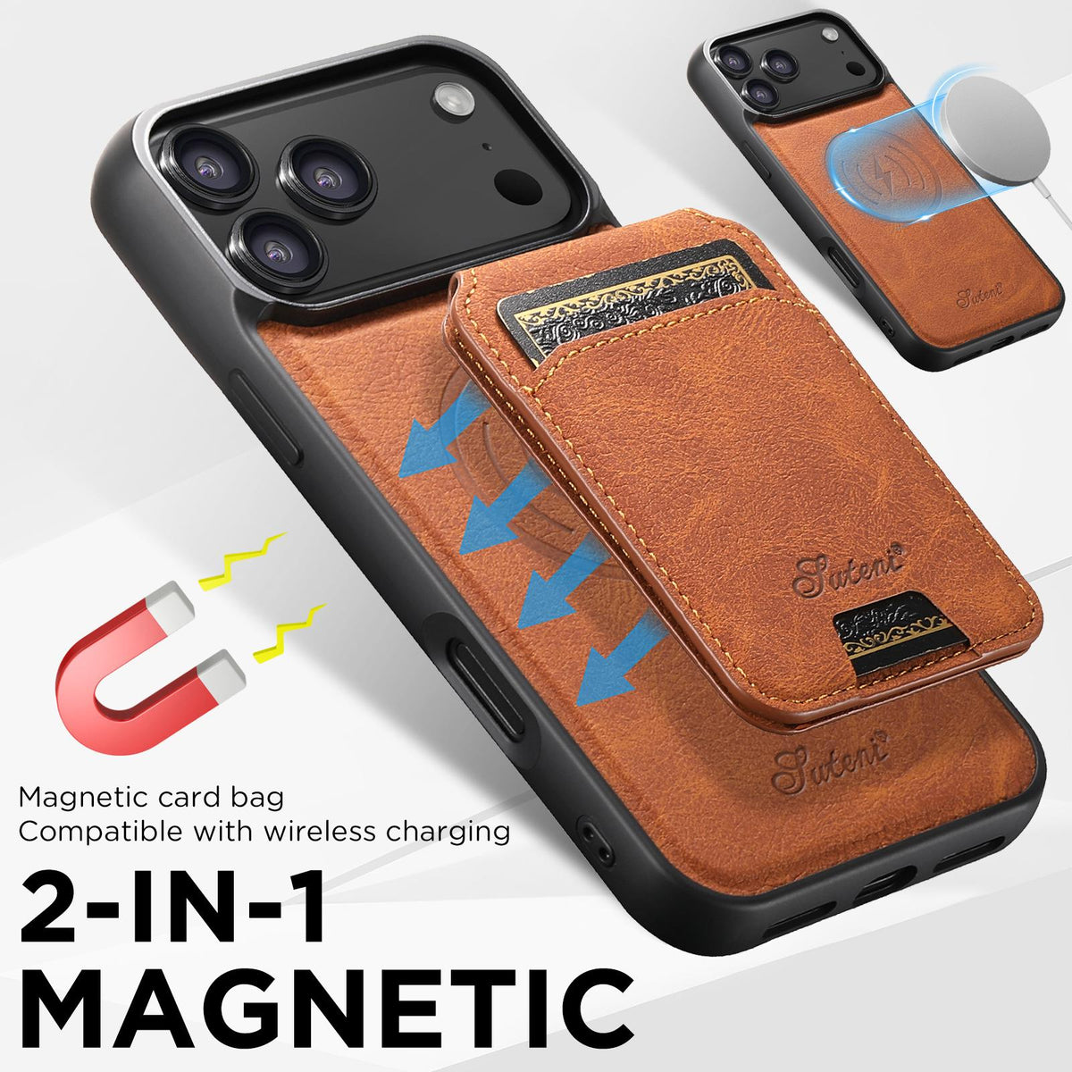 Compatible with iPhone 18 Pro Max Suteni H16 Litchi Texture Leather Detachable Wallet Back Phone Case - Khaki