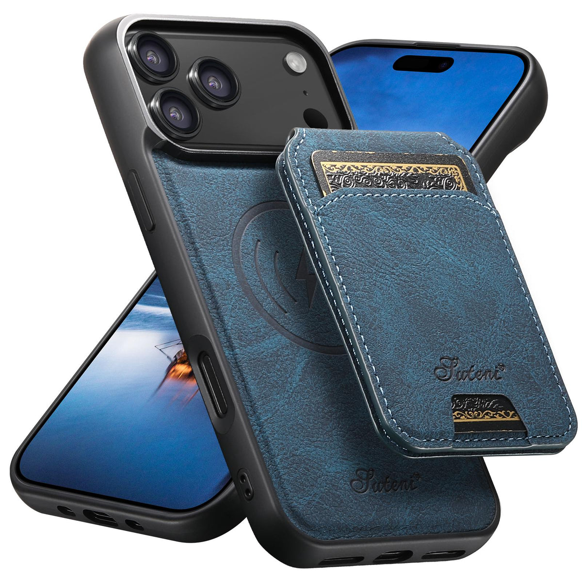 Compatible with iPhone 18 Pro Max Suteni H16 Litchi Texture Leather Detachable Wallet Back Phone Case - Blue