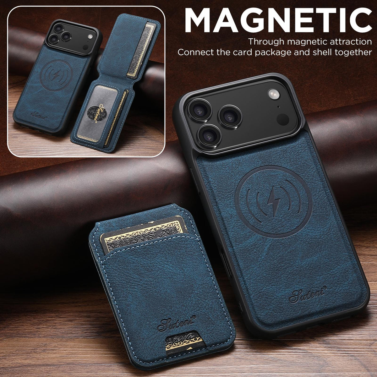 Compatible with iPhone 18 Pro Max Suteni H16 Litchi Texture Leather Detachable Wallet Back Phone Case - Blue